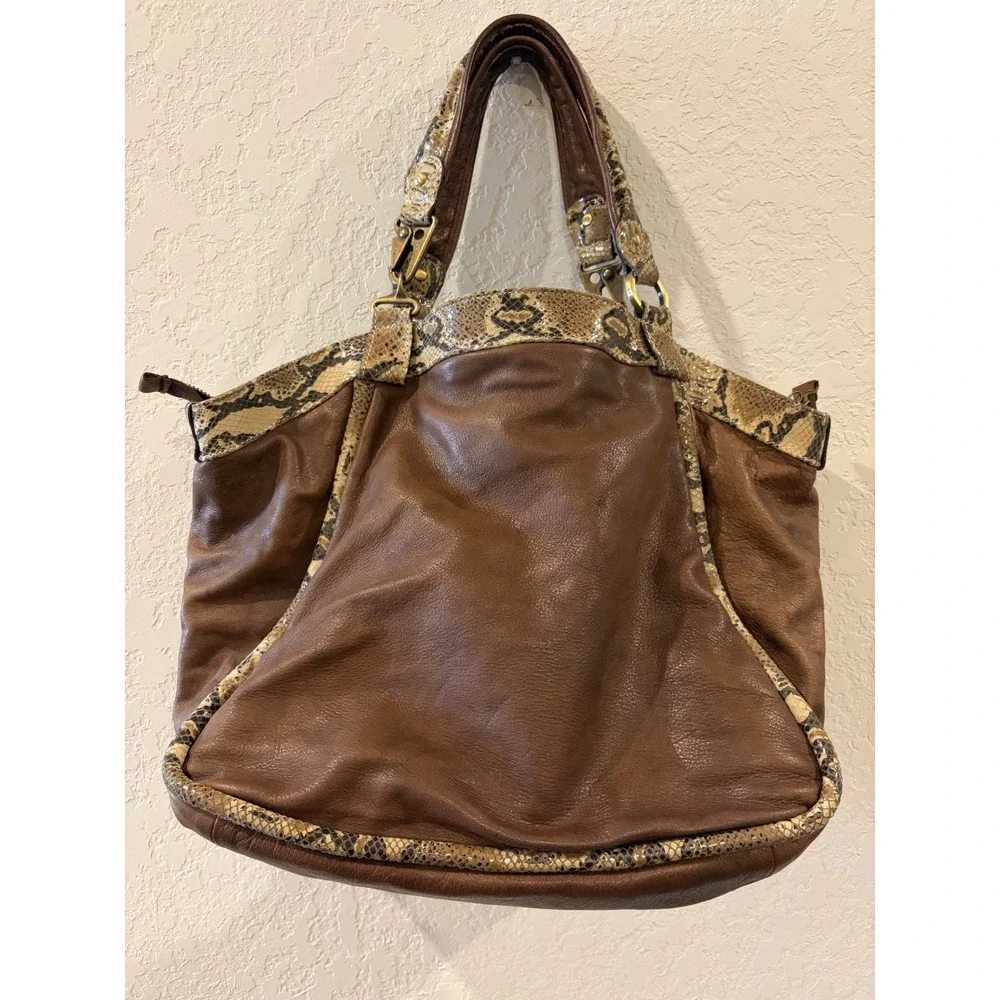 Kesslord Paris Brown Leather Snakeskin Trim Satchel Hobo Bag Brass Hardware